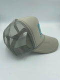 Gray/sky blue trucker